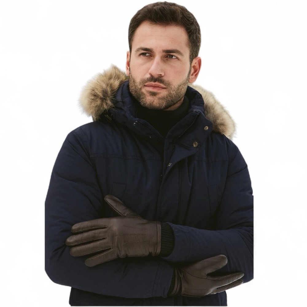 Stewart of Scotland Mens Leather Gloves Fleece Lined Wool Blend Cuff Brown